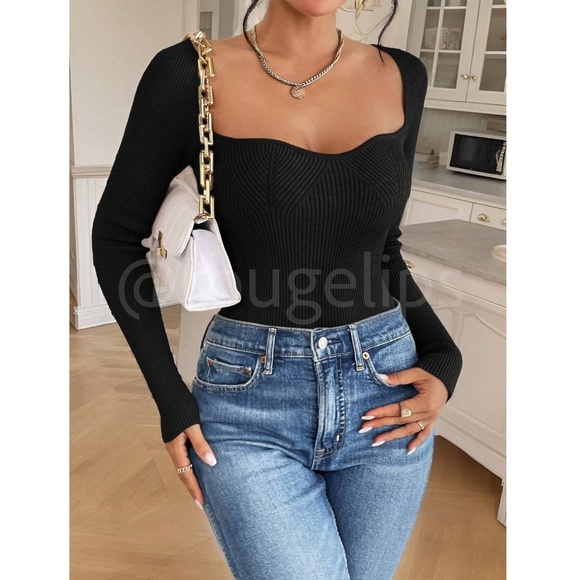 Black Sweetheart Neckline Rib Knit Light Sweater Top Fitted Slim Long Sleeve - Picture 3 of 8